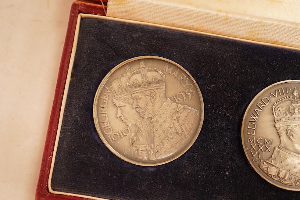 British Royal commemorative Medals, a set of three fantasy medals commemorating the silver jubilee of George V and Mary, coronation of Edward VIII and coronation of George VI and Elizabeth, cased